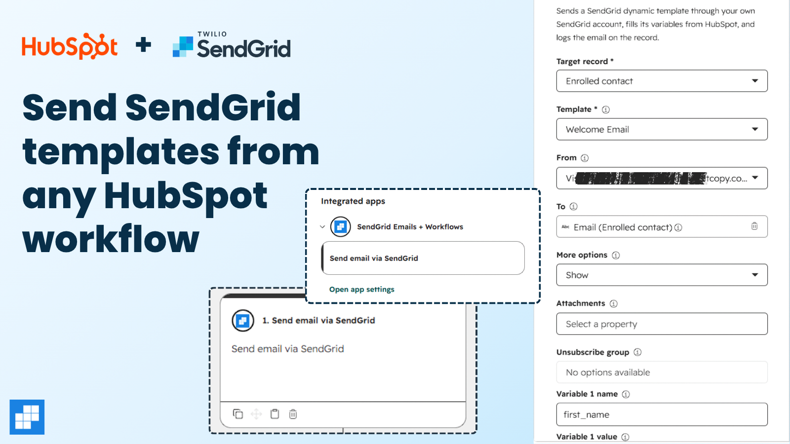 The Send email via SendGrid action in a HubSpot contact workflow.