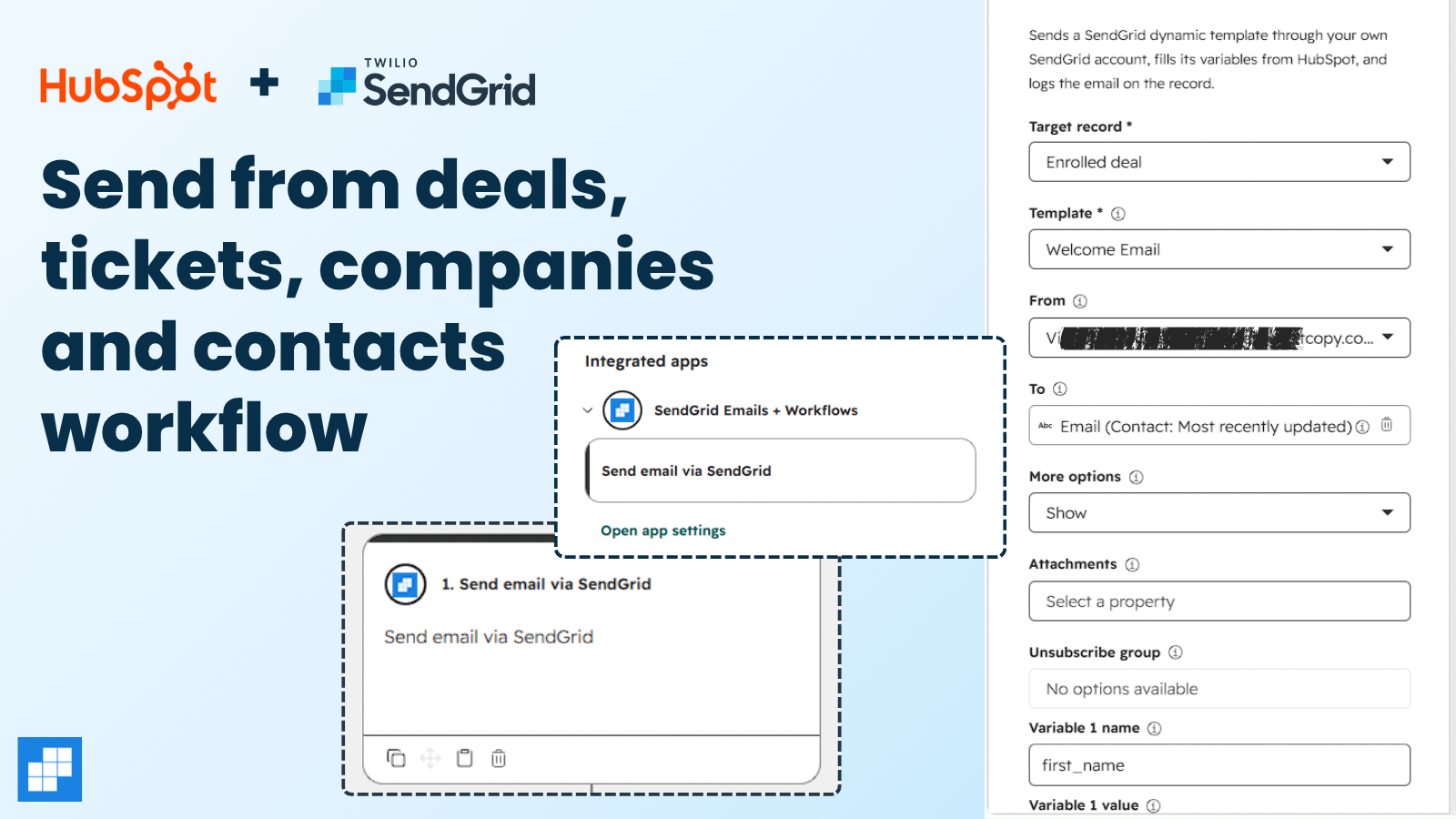 The Send email via SendGrid action in a HubSpot deal workflow.