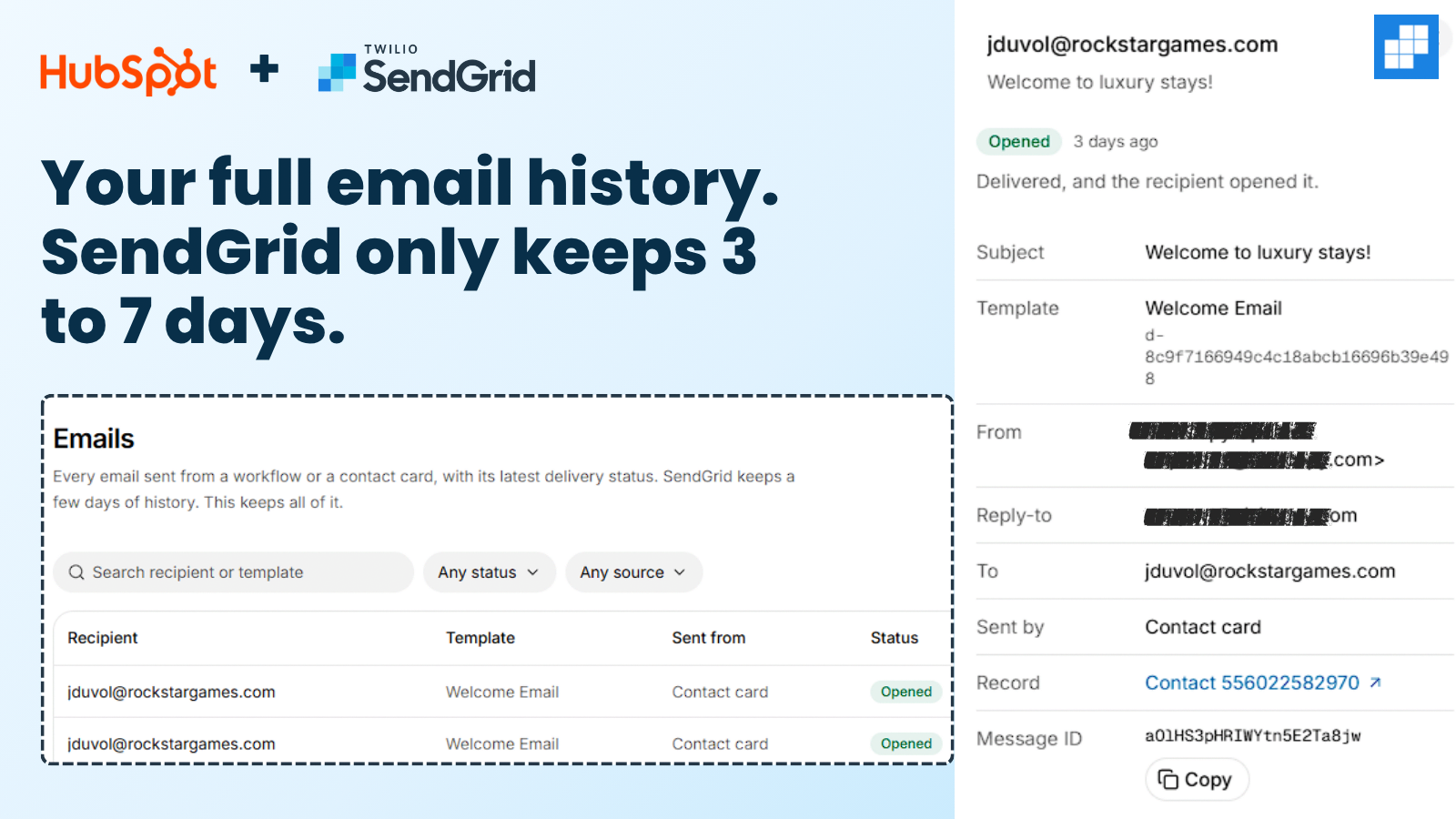 The Emails log in the SendGrid Emails + Workflows dashboard, with search and status and source filters.